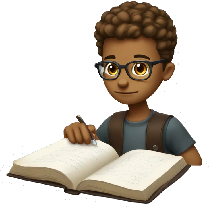 a kid with high taper fade mid streingh hair round glasses looking down to his study book he is white and have brown hair emoji