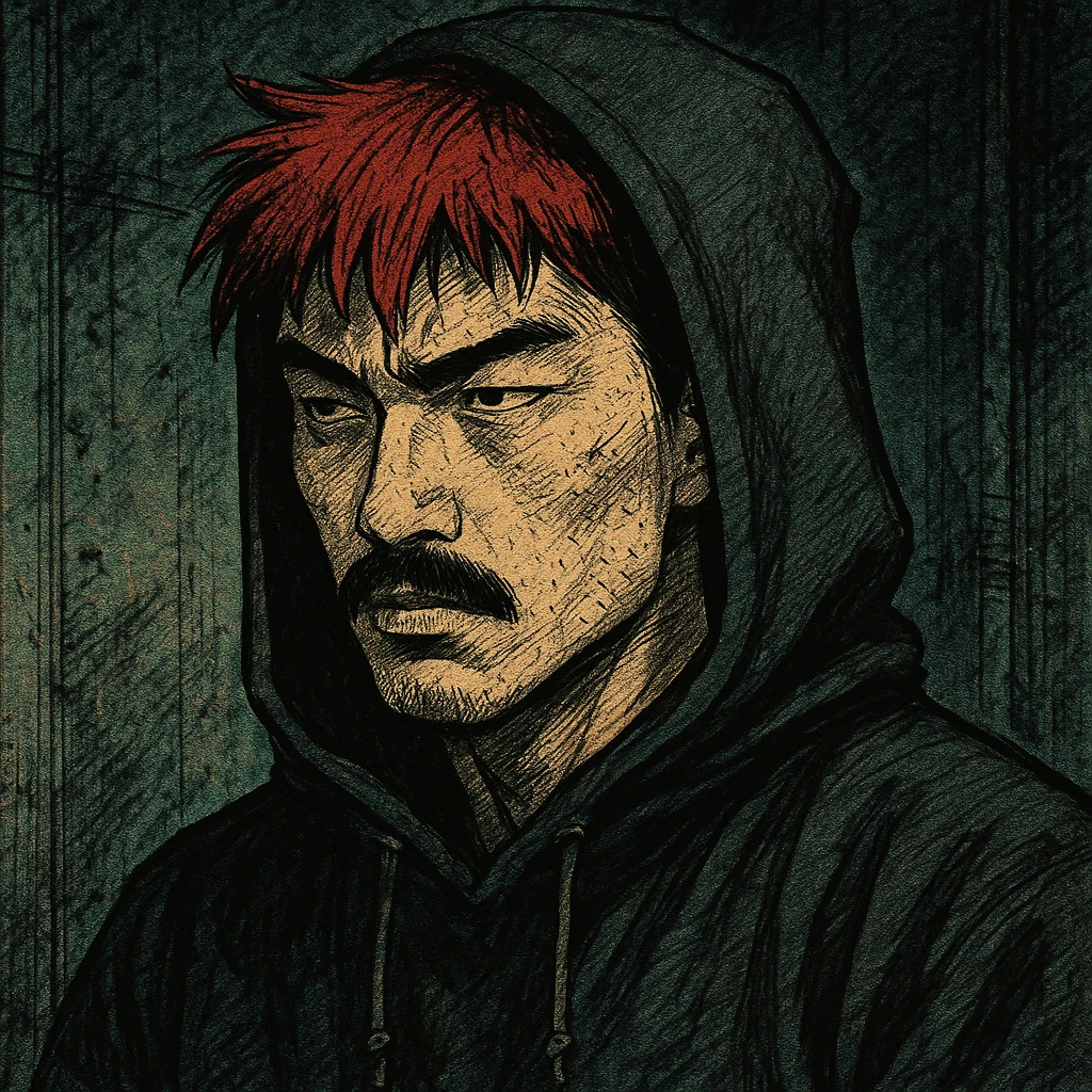 Asian man with black mustache, red hair, black hoodie, gritty cyberpunk manga style, inspired by 90s Japanese comics, moody lighting emoji