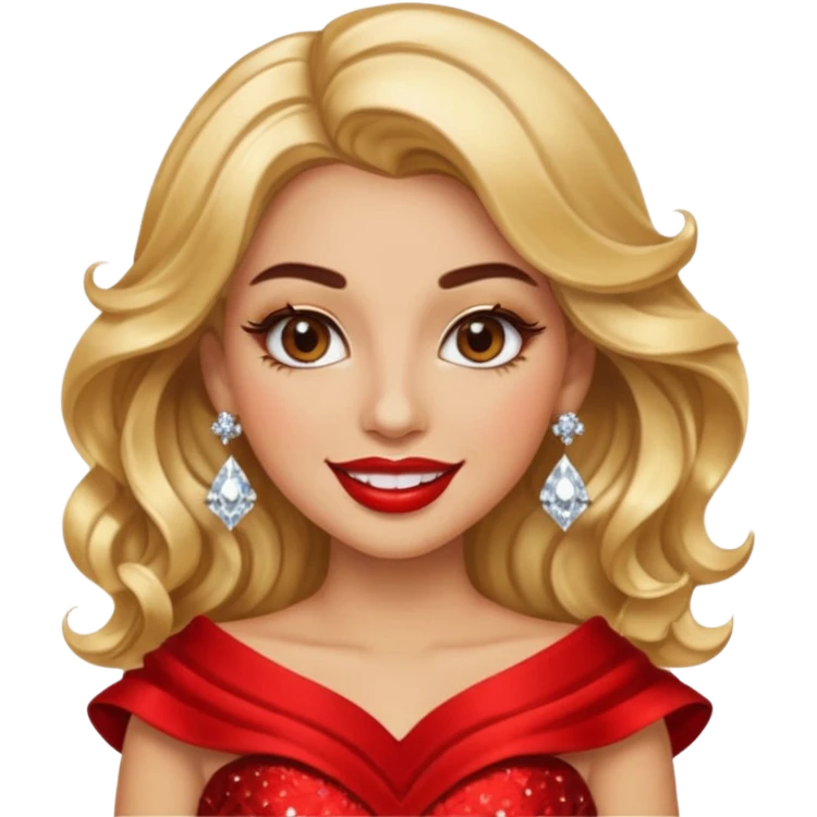 “Emoji girl, glamorous smile, shimmering gold eyeshadow, bold red lips, voluminous waves, dramatic lashes, wearing diamond earrings and gold gown.” emoji