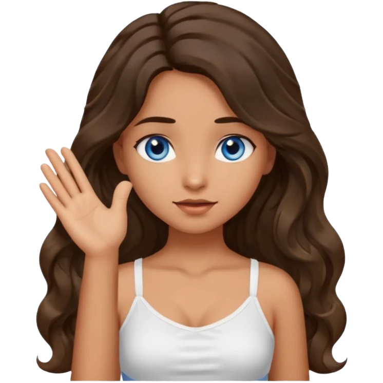 Girl with olive skin, blue eyes, brown dark insanely wavy long hair, white camisole, left hand palm up crossing arms in front of face emoji