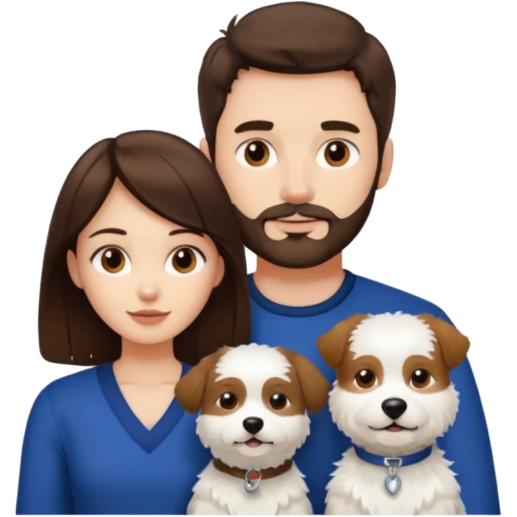 scottish man with stubble, brunette woman and one fully pure white fluffy dog emoji