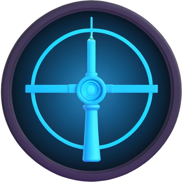 minimal emoji icon for crypto bot, round badge, rising candlestick chart in neon cyan electric blue, subtle sniper scope elements, dark background, futuristic clean cyberpunk AI inspired, no text emoji