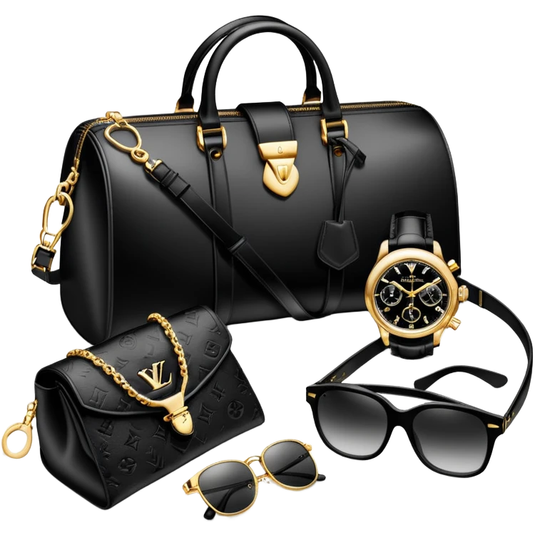 bag and watch, and glasses 1 specfic, all black and white put together like a bundle with no face, all luxury items like lv and prada, and rolex emoji
