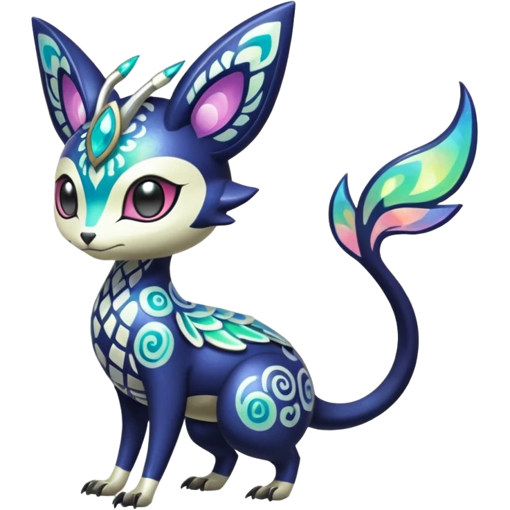 Shiny Colorful Futuristic Ornate Oriental Painted Asian Vernid-Trico-Meloetta-Latias-Koraidon-Peppercat-Protogen-Pokémon-Digimon-Fakémon-fusion-hybrid-creature emoji