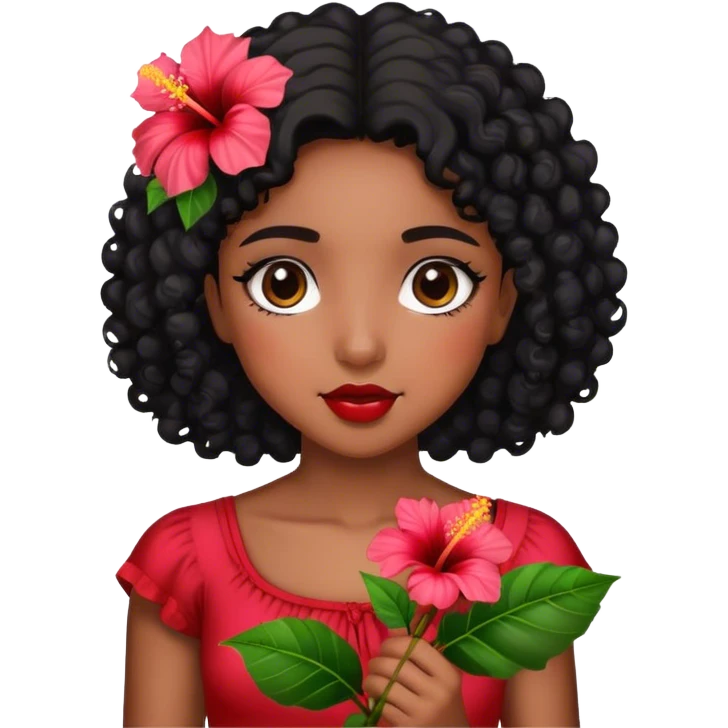 Girl with brown skin with black curly hair holding hibiscus flowers emoji