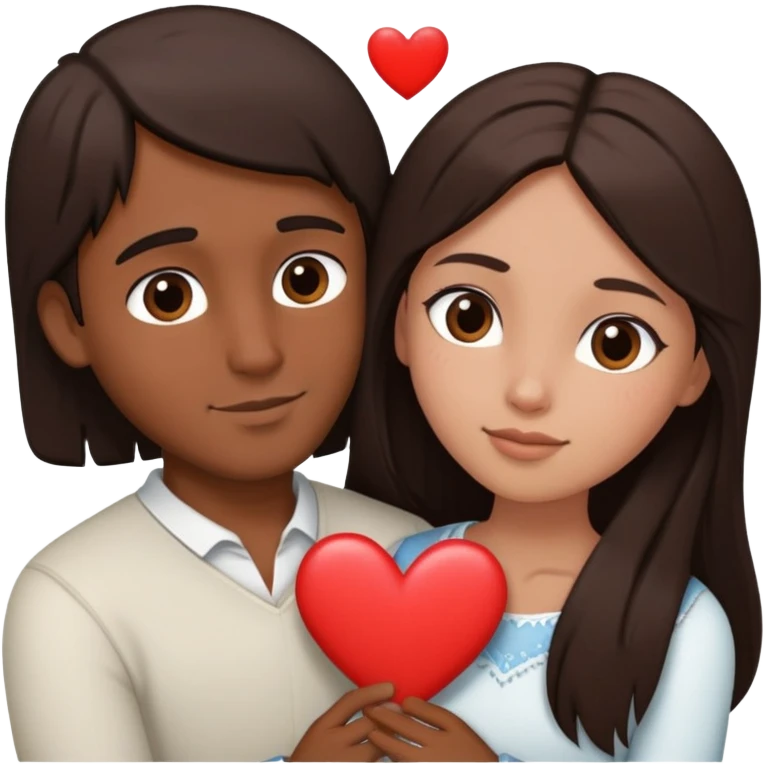 A couple embracing, man with mestizo brown skin and short straight dark brown hair, woman with fair skin and long dark brown hair, with white hearts around them emoji