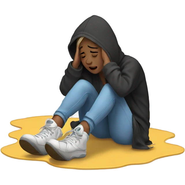 Girl wearing a hoodie laying on the floor crying emoji