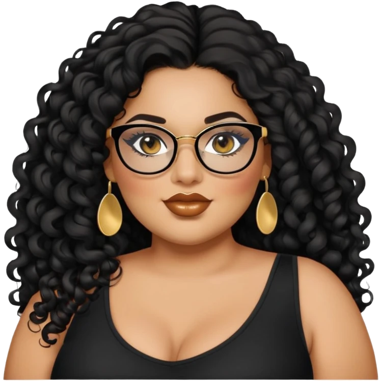 big plus size, latina, darker tan skin, long black curly hair, baddie,pretty, makeup, lipgloss, black eyeliner, long hair, small gold earrings, black top, black glasses emoji