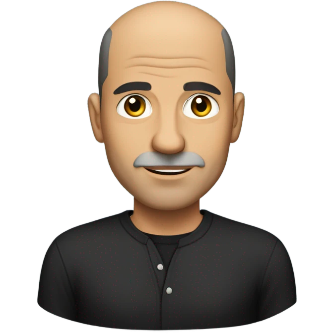 A middle-aged italian man with olive-toned skin with buzz cut hair and no facial hair. He is wearing a sleek black smart shirt, casually unbuttoned at the top. emoji