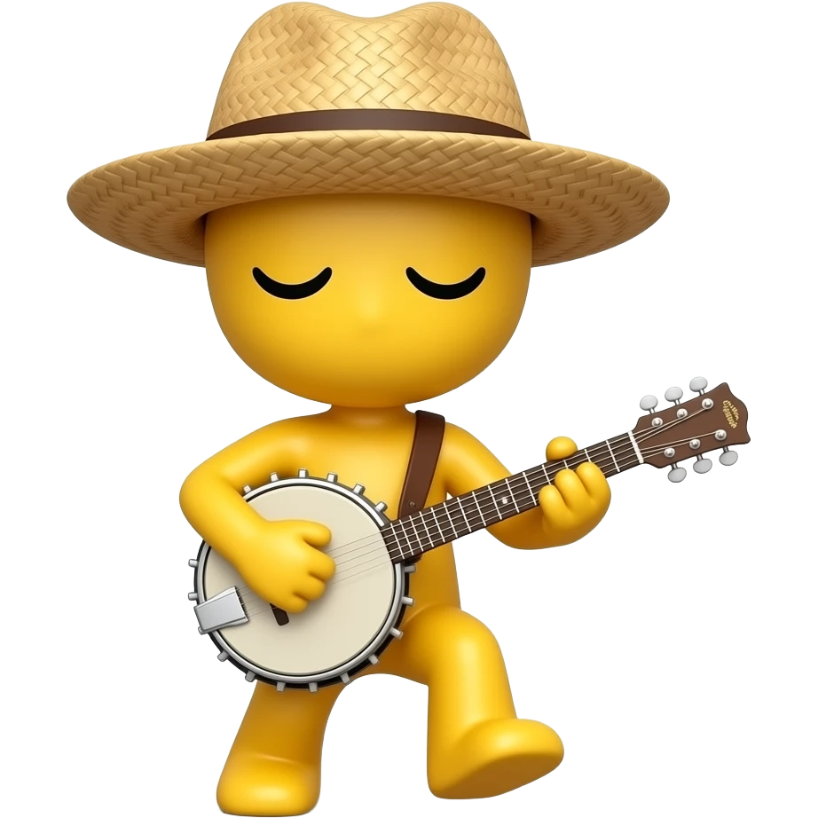 Little mini yellow emoji very happy, wearing straw hat playing banjo stomping his foot, top view, wearing coveralls, eyes closed emoji