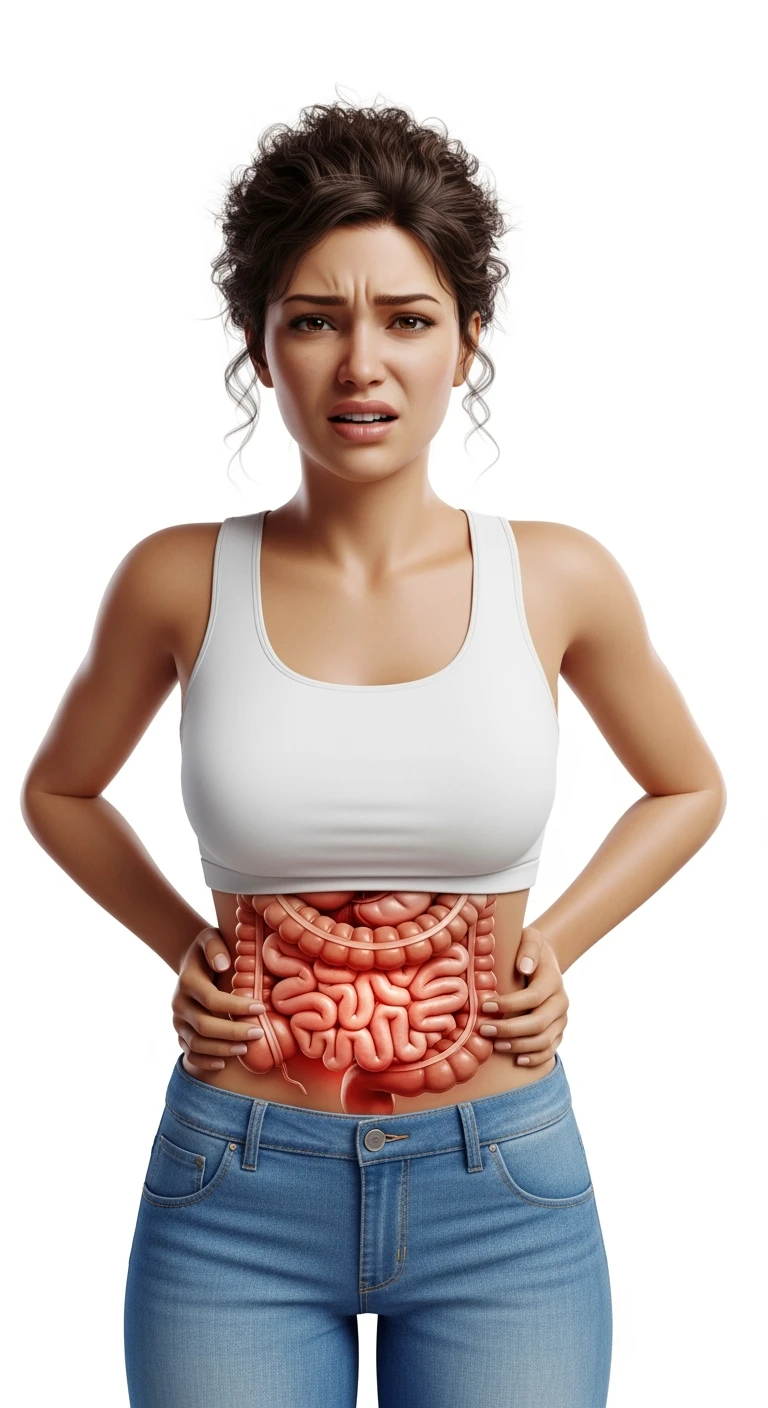 UNA DONNA REALISTICA con mal di pancia, INTESTINO ANATOMICO INFIAMMATO VISIBILE, MAL DI PANCIA, posa frontale, ISOLATA SU SFONDO BIANCO, IPERREALISTICA 4K emoji