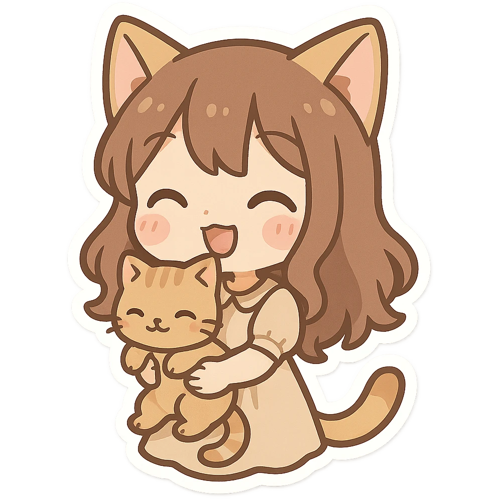 chibi stickers style cat girl holding a kitten, playful and cute emoji