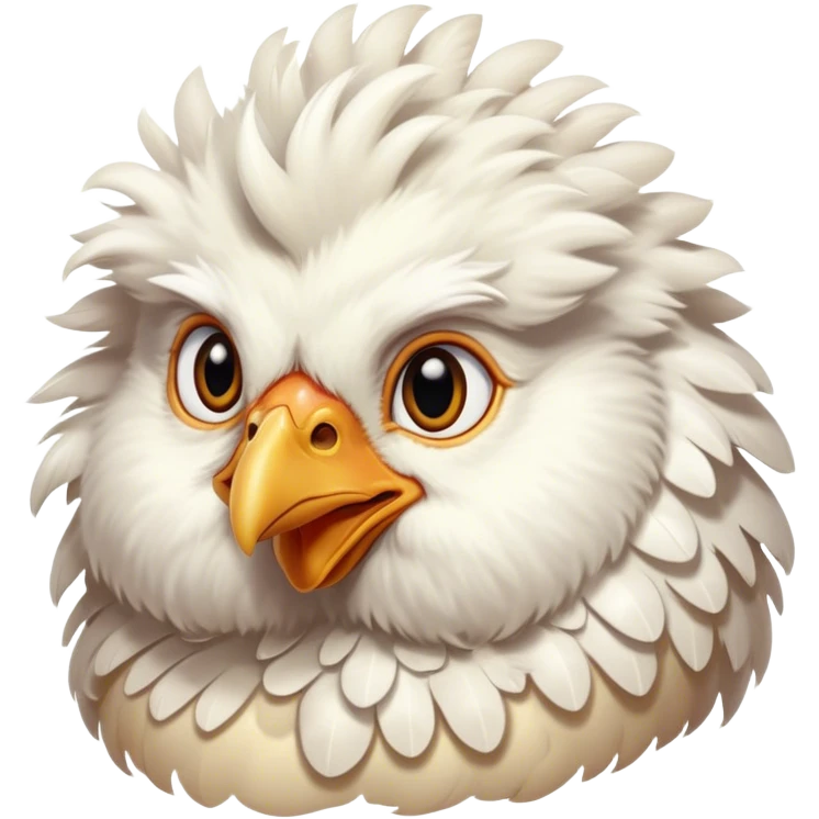 Cinematic Adorable Fluffy White Chicken Portrait Emoji, Standing proudly with soft, ruffled white feathers, round and plump with a gentle expression, bright and curious eyes, slightly puffed chest, detailed texture with a soft glow, high shine, warm and friendly, stylized with a charming simplicity, bright and endearing, soft glowing outline, capturing the essence of a cheerful farmyard companion, so lively it feels like it could cluck and strut at any moment! emoji