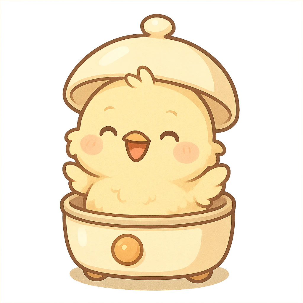 chibi style soft fluffy chick popping out of an egg cooker lid, smiling brightly, soft yellow palette, full-body emoji