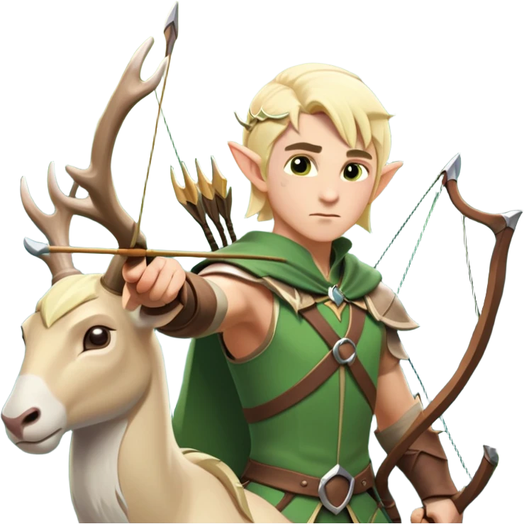 clash-of-clans-aesthetic-blond-male elf-archer-portrait-emoji, rendered in a flat, vector-style with minimal shading and bold holding his bow, simplified shapes, head tilted slightly forward with a determined, focused expression, riding a majestic white stag whose antlers glow with mystical energy, set against an ancient, enchanted forest backdrop. emoji