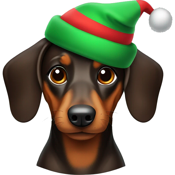 Dark brown daschund with Christmas hat emoji