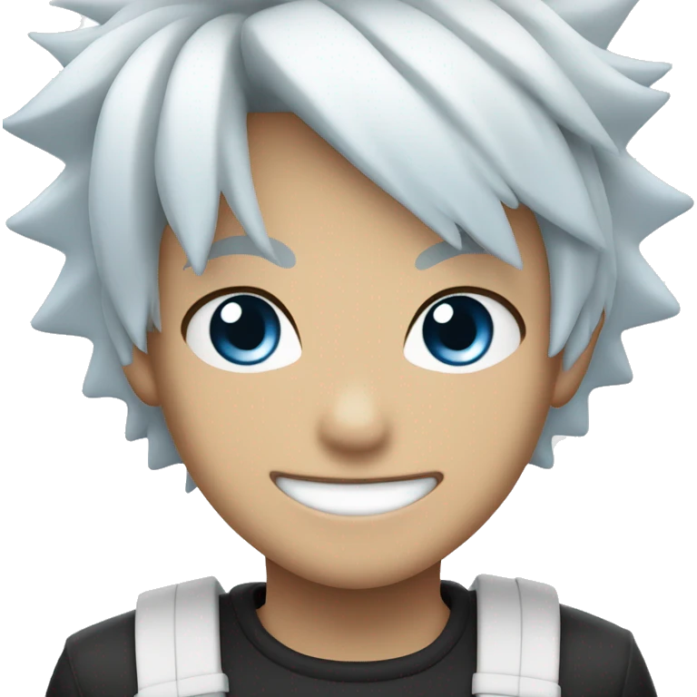 Young Japanese man smiling, With sky blue eyes, white spiky hair, and black bandage on the eyes emoji