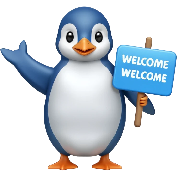 Blue penguin that holds very big welcome sign emoji
