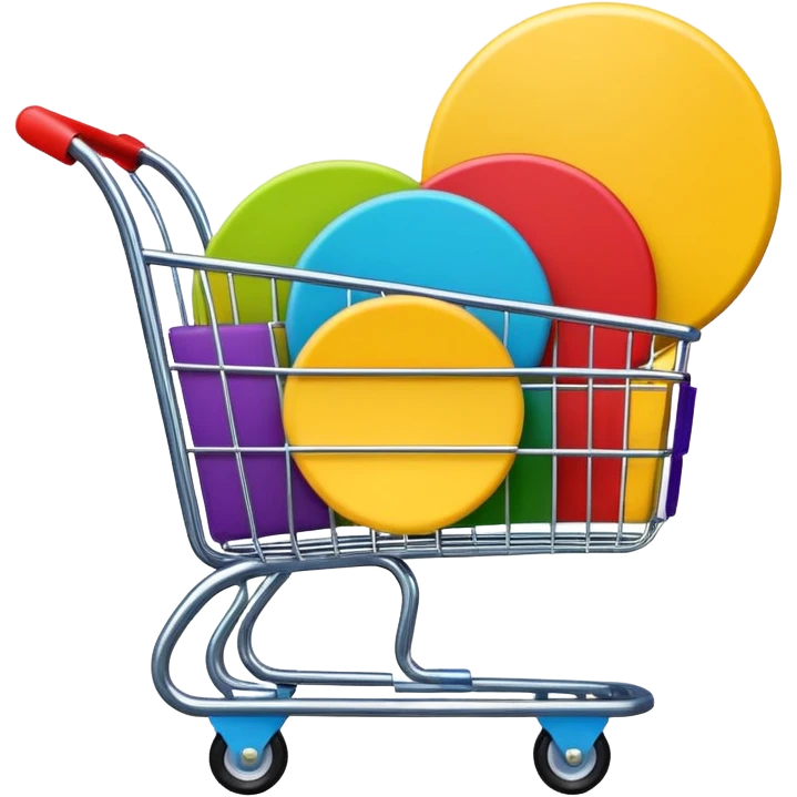 Create a round sticker with a dark black background inside the circle, dynamic edges that smoothly transition step-by-step from green to yellow to red to purple, a small shopping cart icon in the center, the title text ‘New stock soon’, where the word ‘soon’ is blinking in bright blue color.” emoji