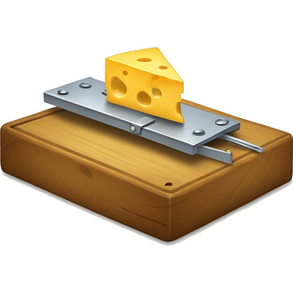A mousetrap with a piece of cheese on it. The mousetrap should be classic wooden style, with the cheese placed on the trigger mechanism. The cheese should be a small, yellow wedge. emoji