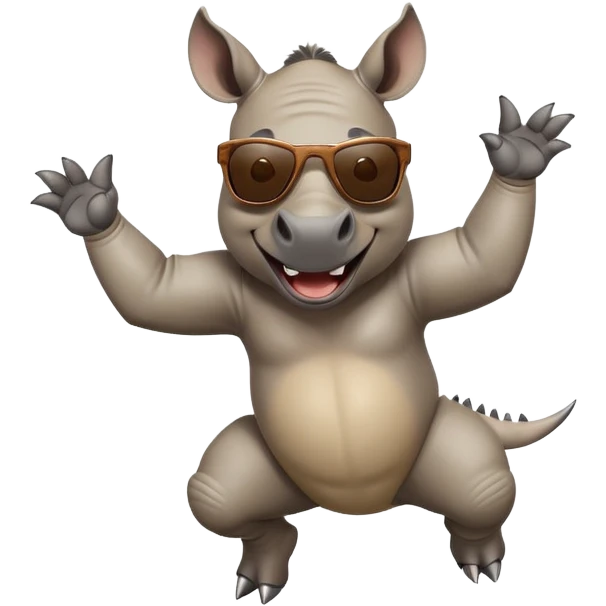 friendly anthropomorphised rhino jumping with excitement, wearing dark sunglasses, standard pose emoji