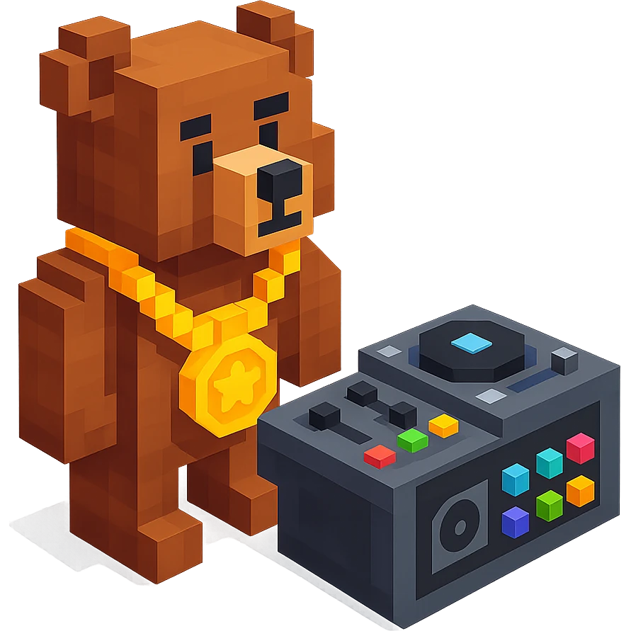 Russian grizzly bear wearing a rapper chain and standing next to a DJ setup emoji
