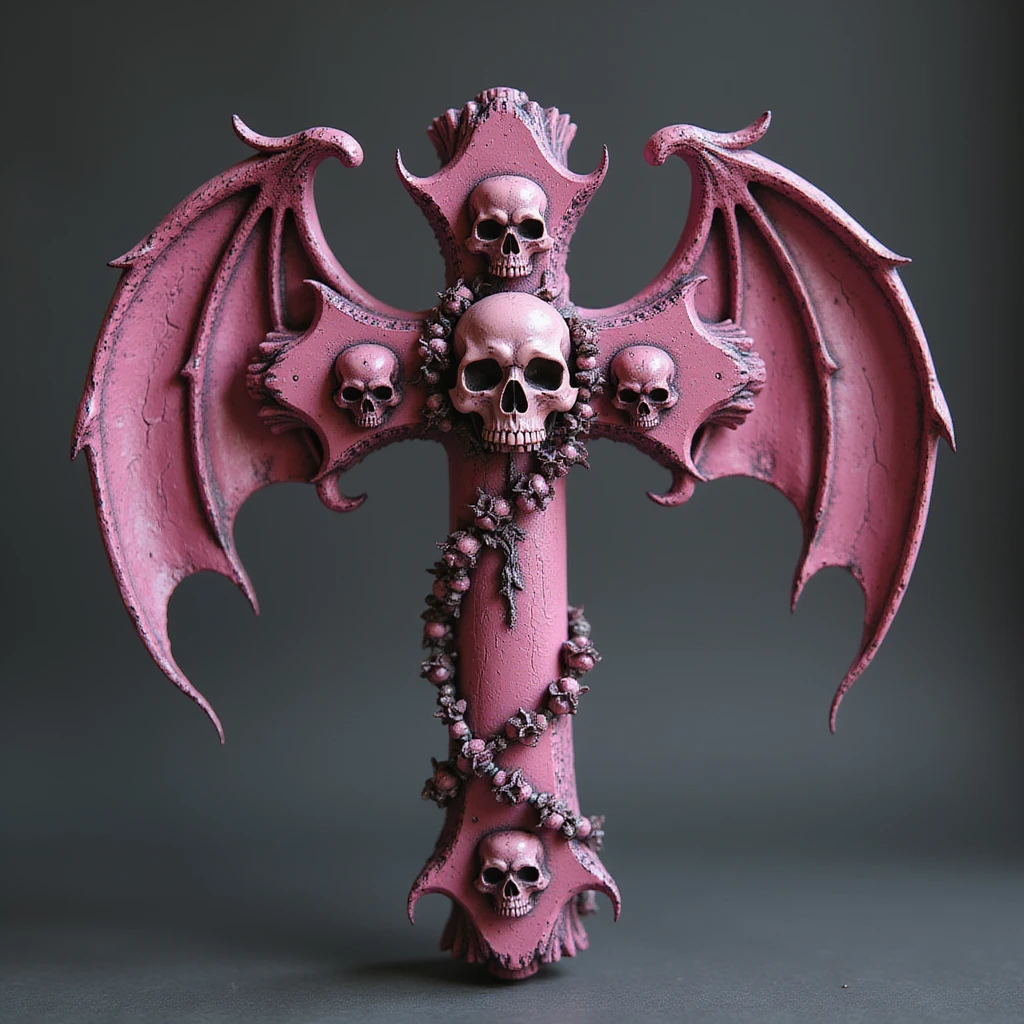 realistic gothic cross, pink with bat wings and skulls, photorealistic style, no background emoji