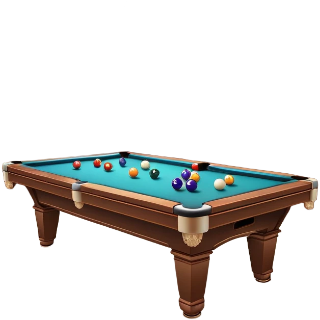 A well-arranged pool table with colorful billiard balls neatly placed, and a cue stick poised to take a shot. The setting is a dimly lit room with a focused atmosphere, highlighting the precision and strategy involved in the game of billiards. emoji