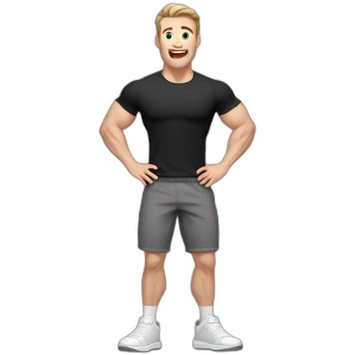 amazed Open with surprise mouth Pale skinned Fit Man With the biceps and dark brown hair in black shirt, gray sports shorts and white Sneakers emoji