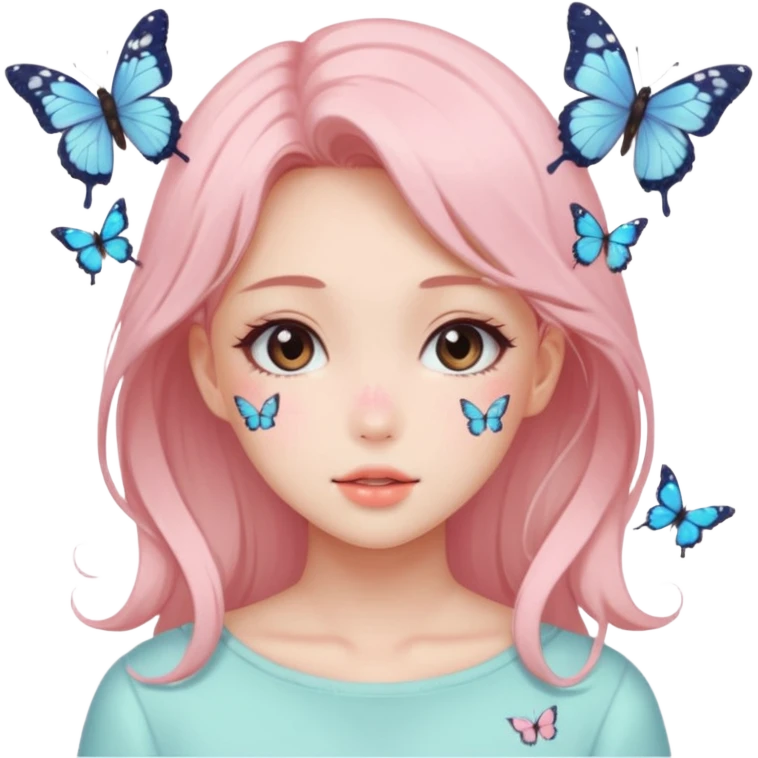 Gorgeous pastel anime style lady with blushing face and butterflies aesthetic trending style emoji