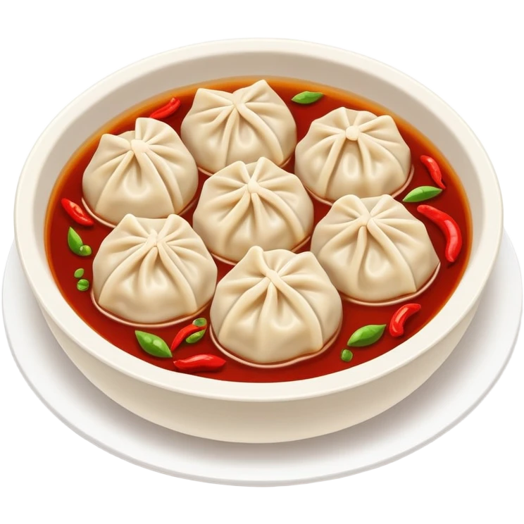 Chongqing Zhong Dumplings with red chili oil sauce, simplified emoji style with bold outlines and bright colors, cartoon style Sichuan spicy boiled dumplings emoji