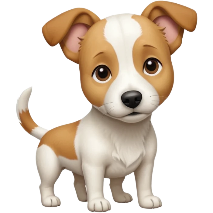 a full body facing front on of a buff white beagle cross jack russell terrier looking dog the size of a kelpie with light brown long ears resting on its face and a light brown patch above one eye and a large snout. the rest of the dog is completely white.  emoji