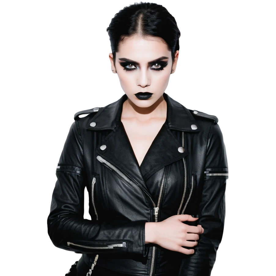Chucky's bride in a black dress and black leather jacket, heavy dark eye makeup emoji