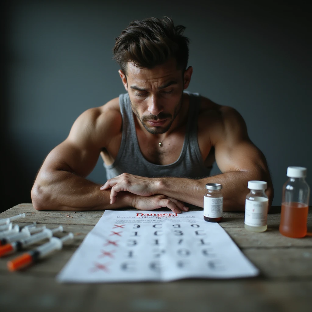 novice bodybuilder risking big due to dosage errors, surrounded by syringes and bottles, chart with wrong doses and danger signs, anxious expression, tense atmosphere, realistic details, isolated on white background, 4K quality emoji