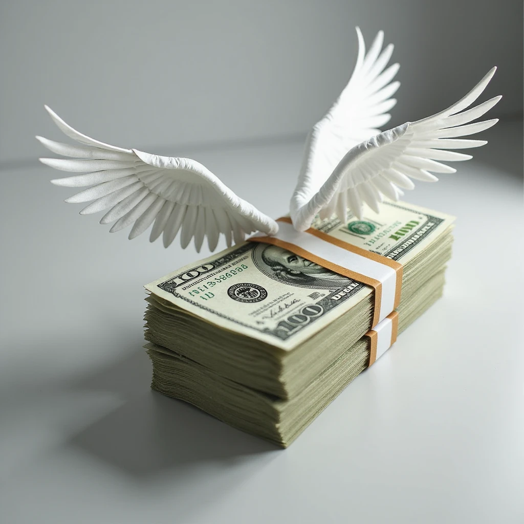 photorealistic image of a stack of US dollar bills with white wings, flying, realistic lighting, high detail, plain background emoji