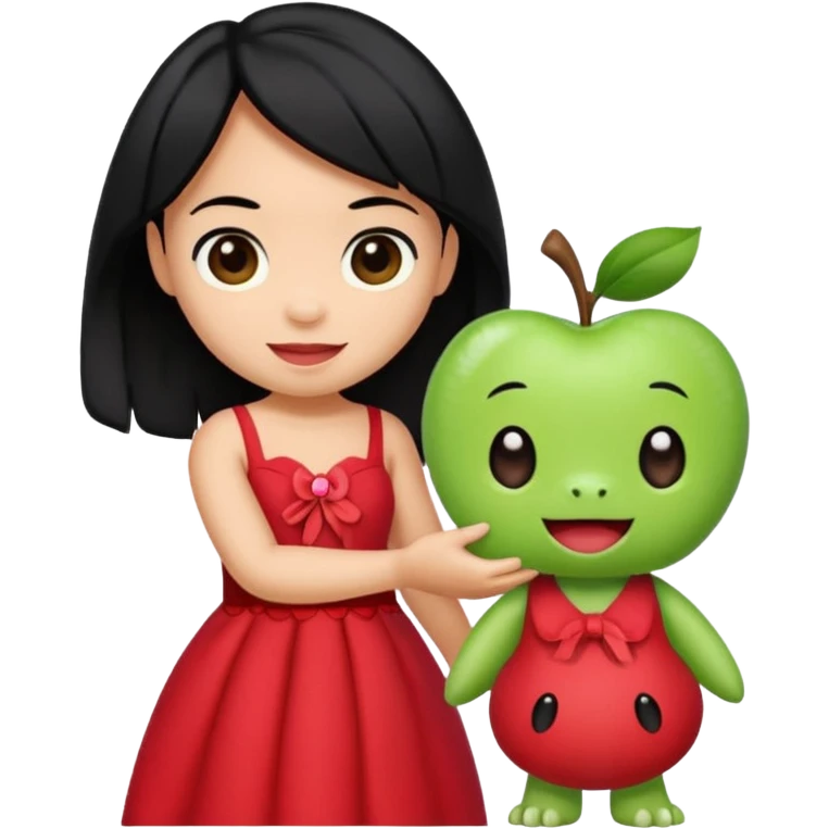 Lilo from Lilo & Stitch as an apple style emoji, happy, holding Scrump doll, red dress, black hair emoji