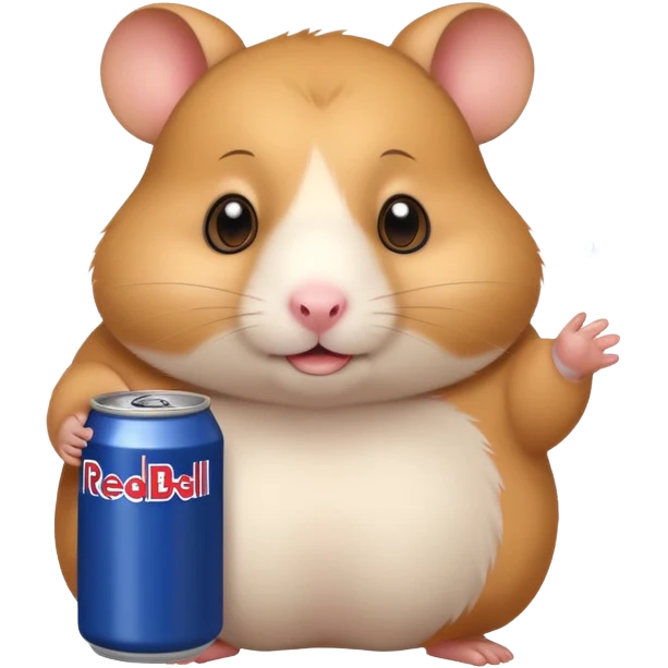 Funny cartoon-style fat hamster wide eyed with a can of redbull emoji