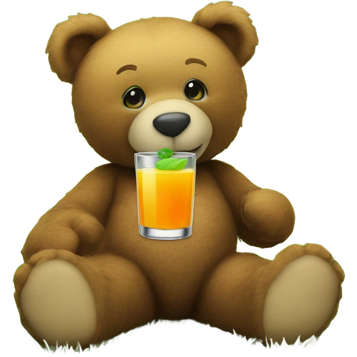 A Teddy bear holding a glass of juice sitting on a patch of green grass emoji