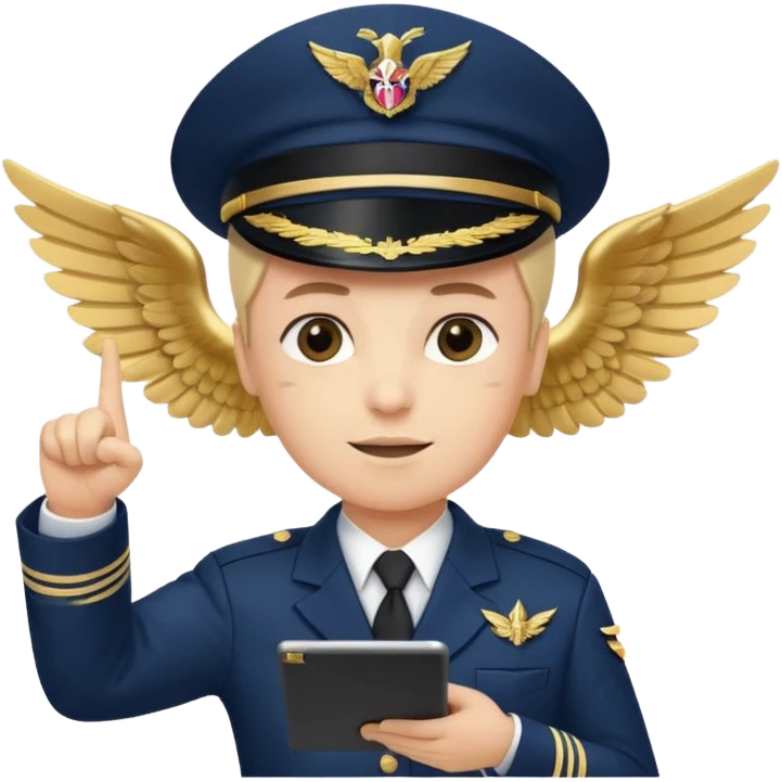 Slack-style emoji of a pilot wearing a navy captain hat with gold wings, pointing at a tablet or checklist with one hand, other hand ready or slightly raised, confident and attentive expression emoji