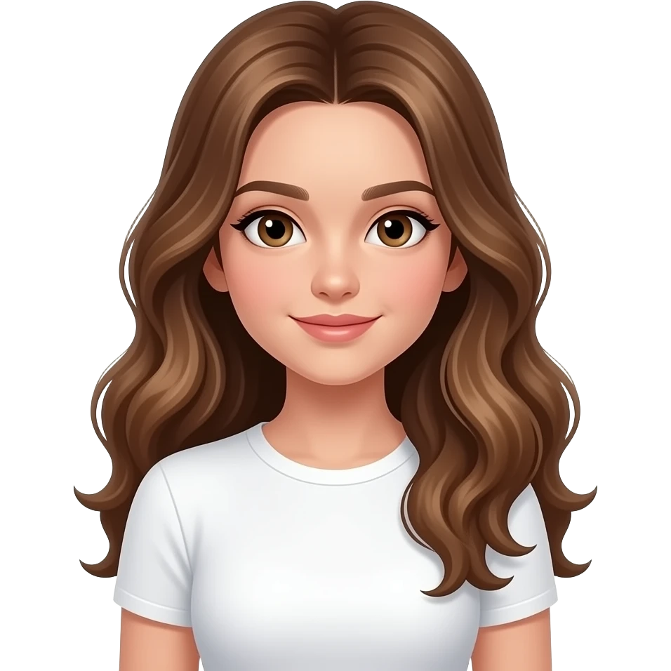 a 13 year old girl long pretty wavy brown hair light brown highlights half litina white tight shirt emoji