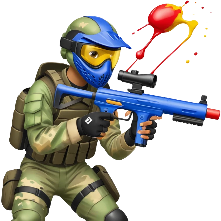 A paintball player in full gear, aiming a paintball gun with focus and determination. The scene includes vibrant splashes of paint and a dynamic battlefield setting, emphasizing action, strategy, and teamwork in a competitive environment emoji