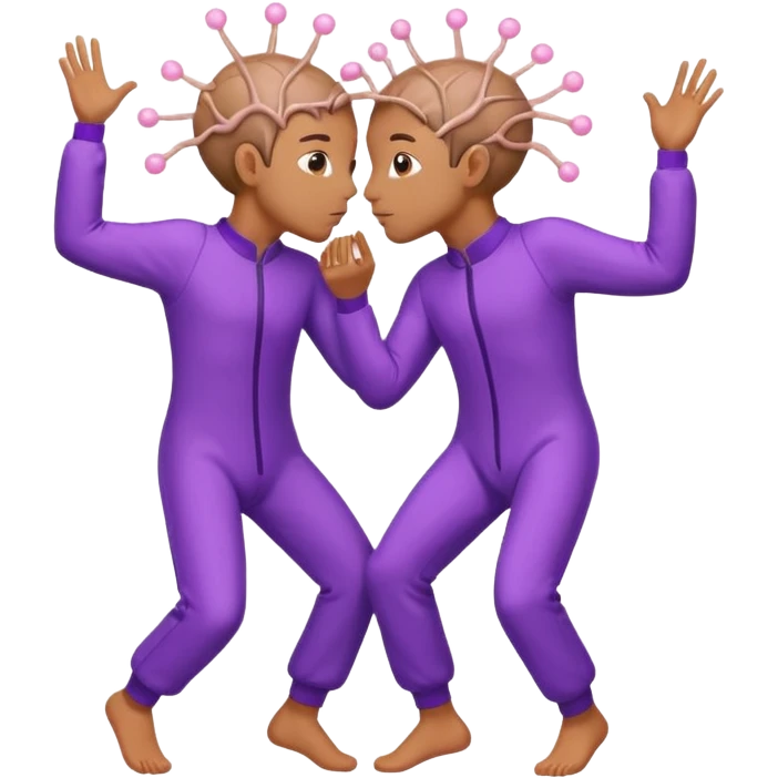 Last two brain cells dancing looking weird and kissing. not iphone emoji style. they wear purple jumpsuits emoji