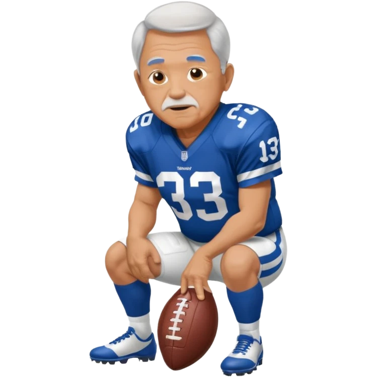 A grandpa playing football wearing an Indianapolis Colts jersey is. Show him kind of crouch down to the ground, holding the football and show  back of his jersey. emoji