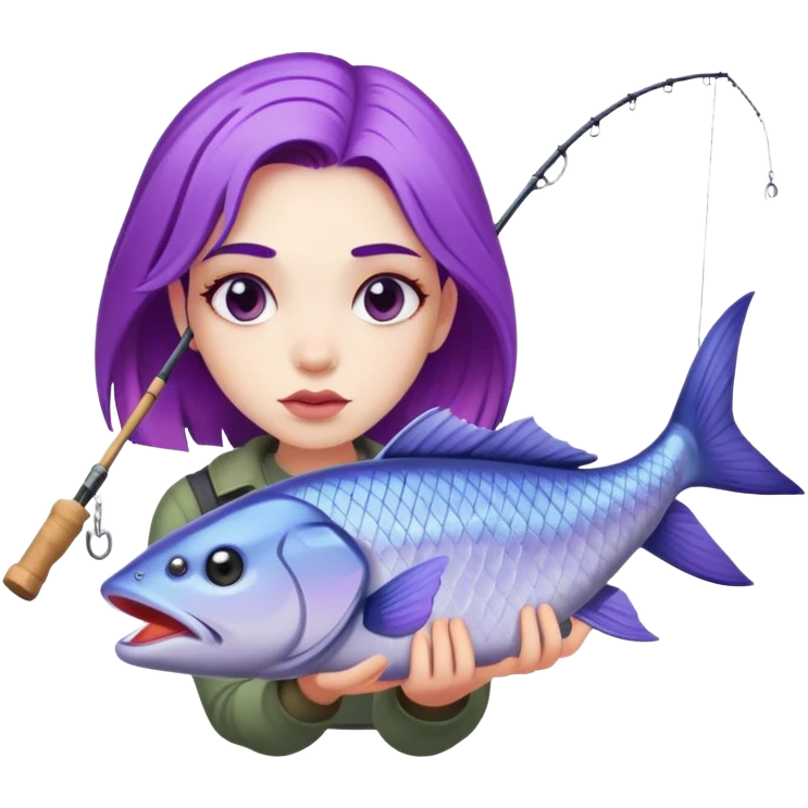 Young alternative woman with purple hair fishing a big fish emoji