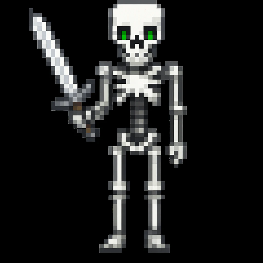 Make the Minecraft skeleton hold a sword in the pixel art style emoji