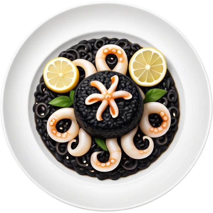 cinematic-realistic-black-risotto-dish,-showcasing-small squid pieces-rendered-with-bold-textures-and-dynamic,-dramatic-lighting in a white plate with a grilled lemon on top emoji