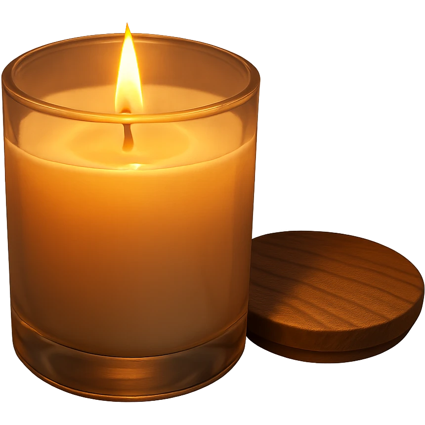 cozy scented candle with a wooden lid, warm and inviting emoji