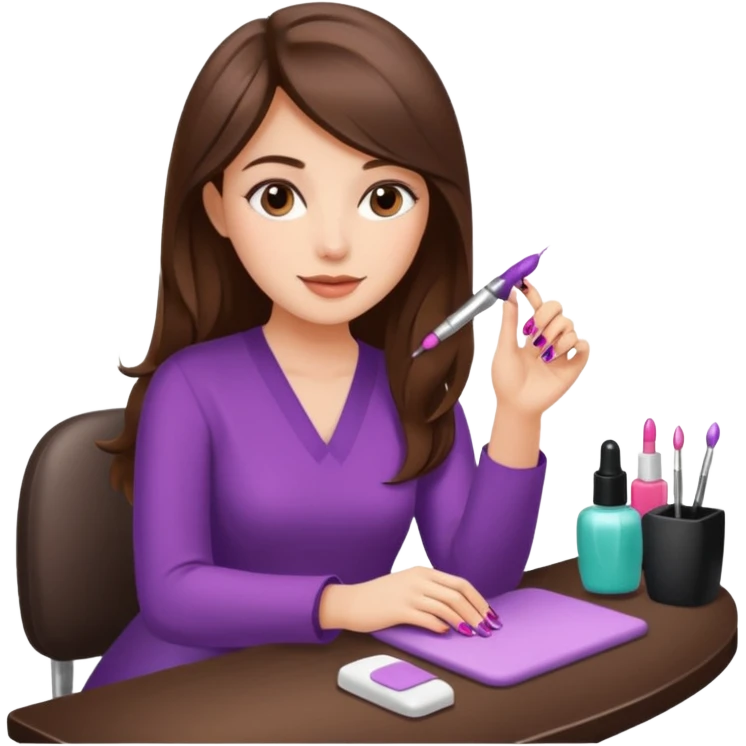 A realistic illustration of a girl with medium-length thick brown hair sitting at a manicure table.
 emoji
