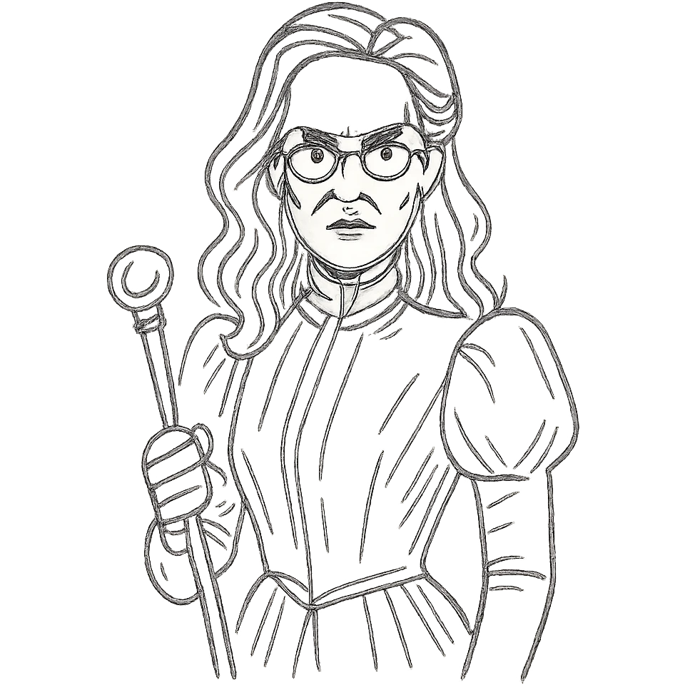 Wilhemina Venable (Sarah Paulson) in royal purple Victorian style, beautiful and luminous but terrifying, holding a gold cane emoji