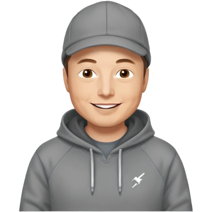 elon musk in gray hoodie full height, wear hoodie hat, happy emoji